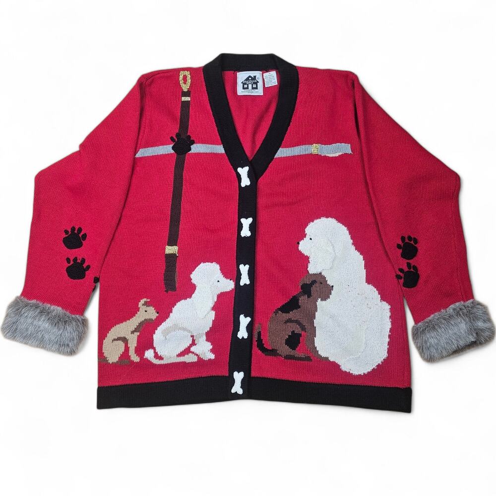 STORYBOOK KNITS Dog Cardigan Womens XL VTG 80's Novelty Poodle Puppy Cottagecore